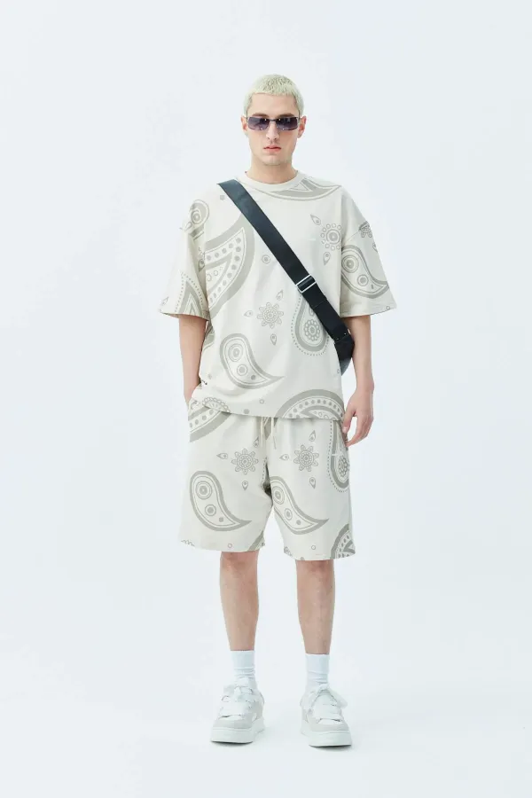 Oversize Desenli Şort Tişört Takım Bej