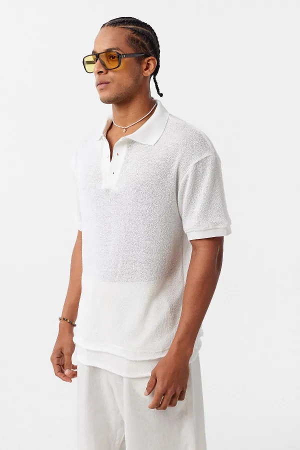 Polo Yaka Triko Oversize Tişört Ekru