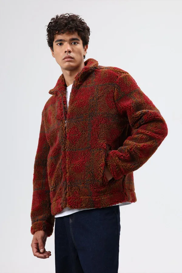 Oversize Peluş Mont Bordo