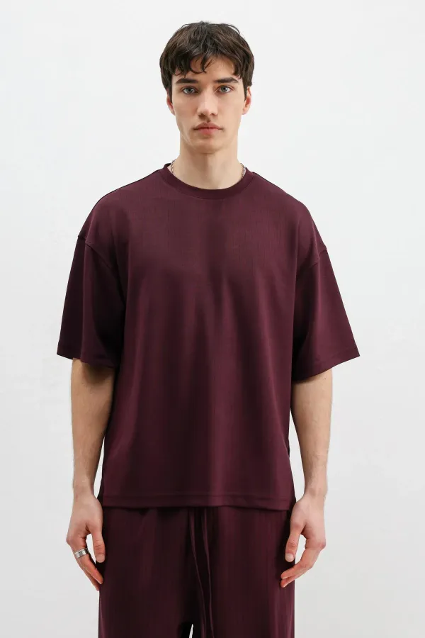 Fitilli Dokulu Oversize Tişört Mürdüm