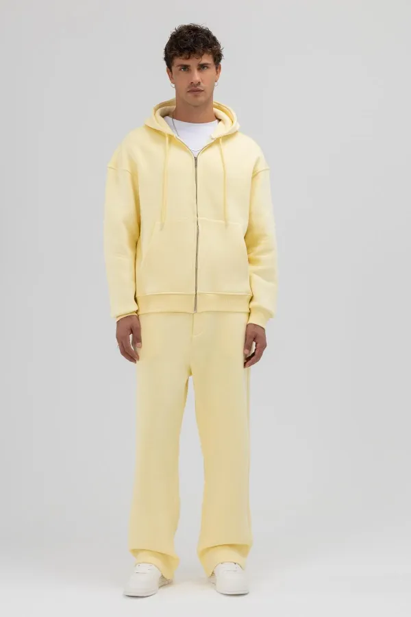 Basic Fermuarlı Oversize Kapüşonlu Sweatshirt Sarı