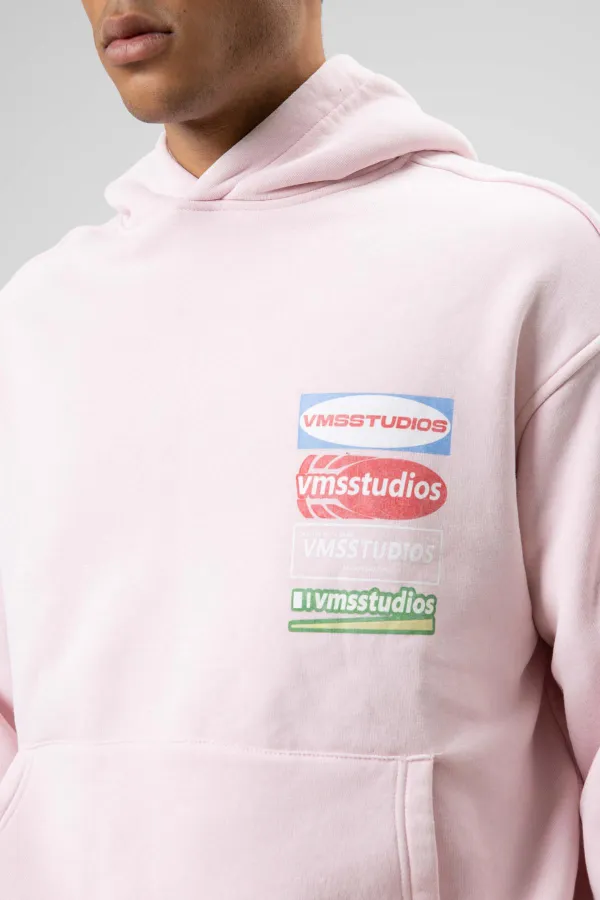 Oversize Washed Print Hooded Sweatshirt Pink