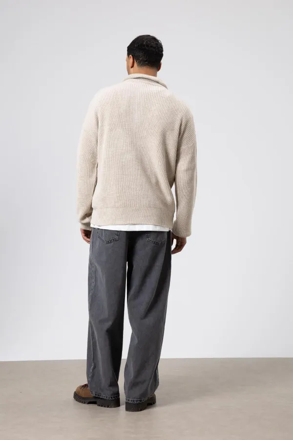 Yarım Fermuarlı Triko Kazak Taş