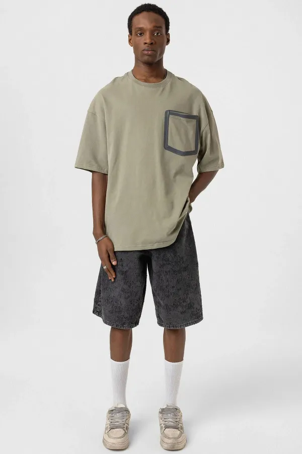 Bisiklet Yaka Cepli Oversize Tişört Haki