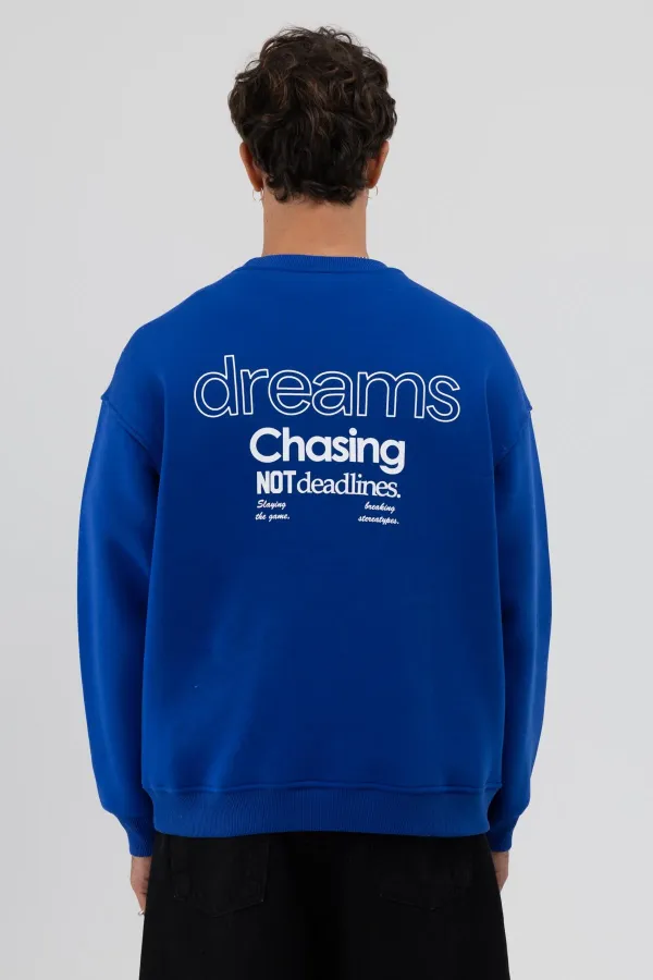 Oversize Bisiklet Yaka Baskılı Sweatshirt Saks