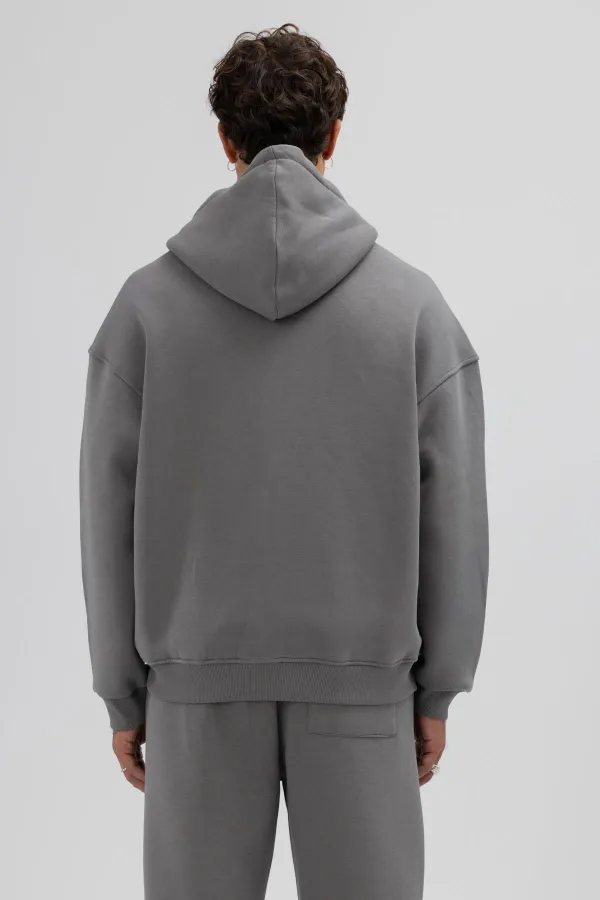 Sweat à capuche basique oversize zippé, gris foncé