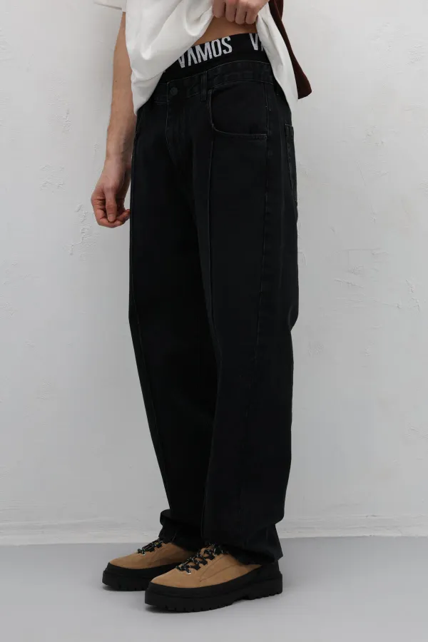 Dikiş Detaylı Relaxed Fit Jean Siyah
