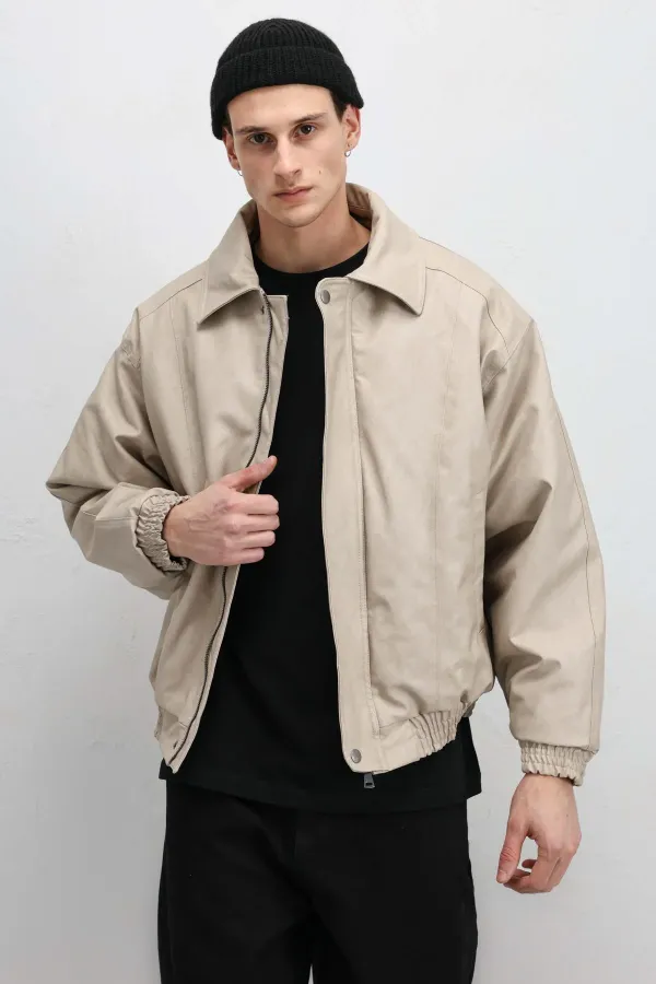 Blouson aviateur oversize en cuir couleur pierre