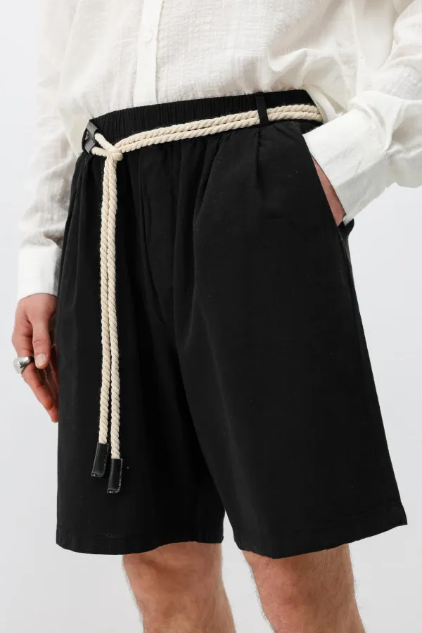 Kemerli Oversize Keten Şort Siyah