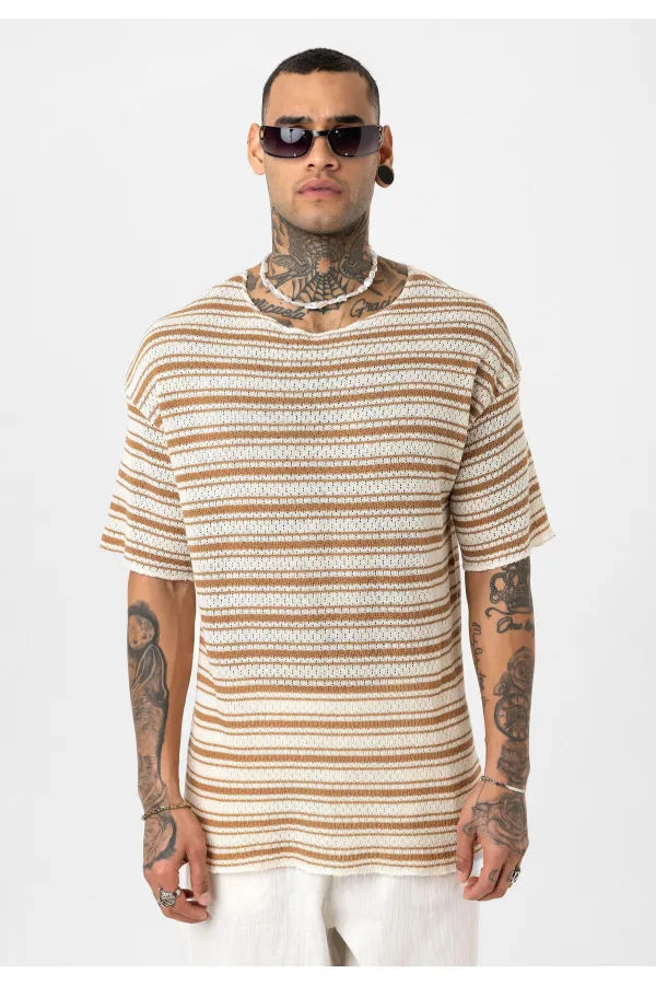 Çizgili Oversize Triko Tişört Camel