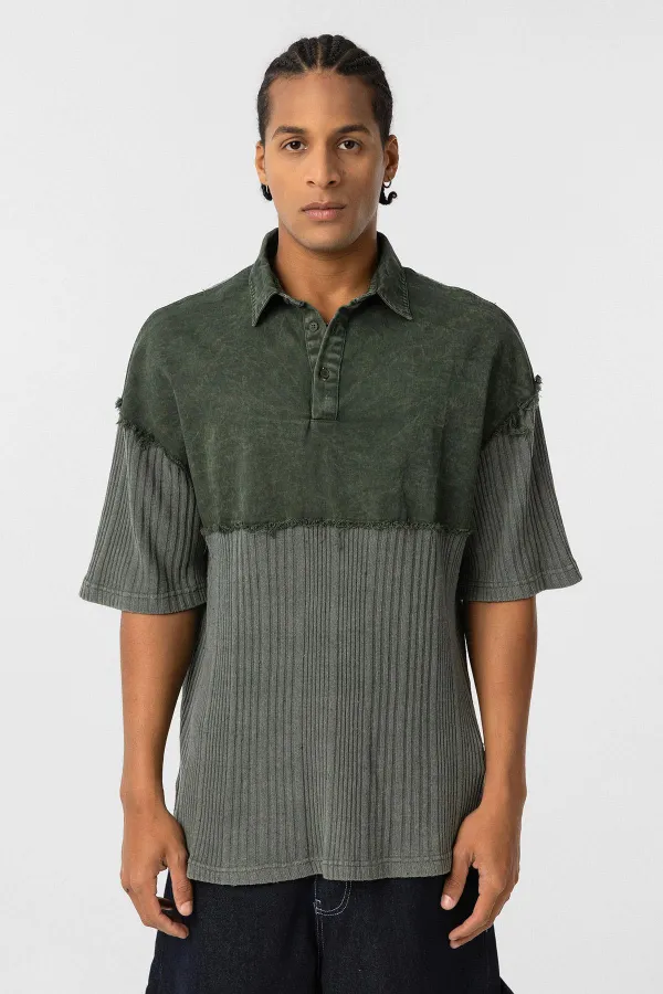 Washed Oversize Polo Shirt Khaki