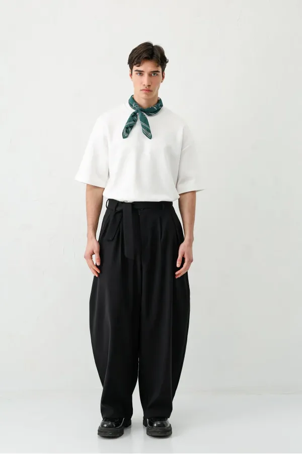 Barrel Fit Tailored Fit Kemerli Pantolon Siyah