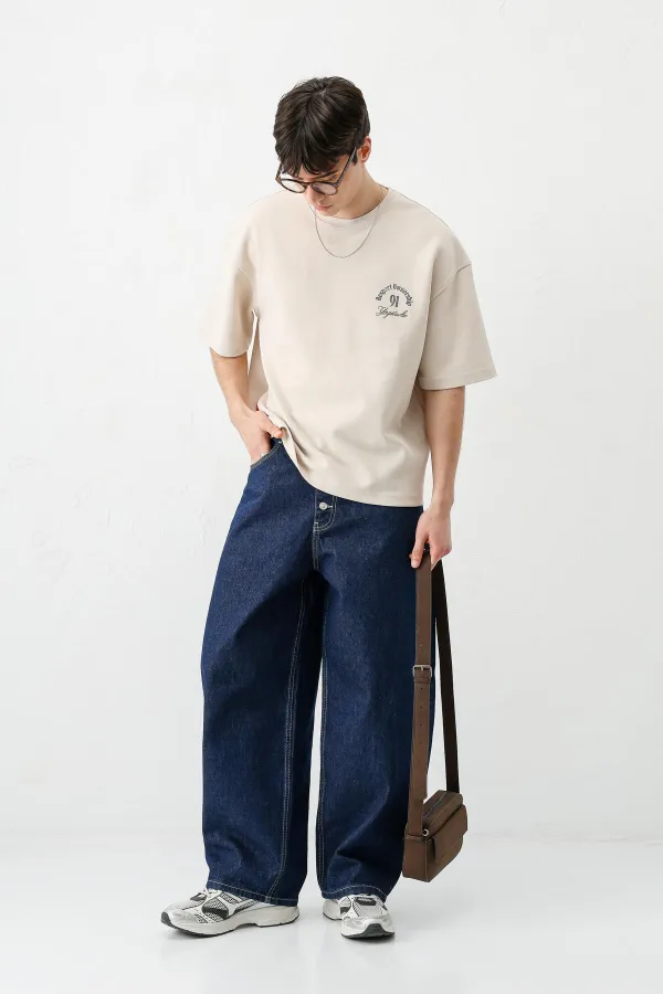 Kısa Kollu Boxy Fit Baskılı Tişört Taş