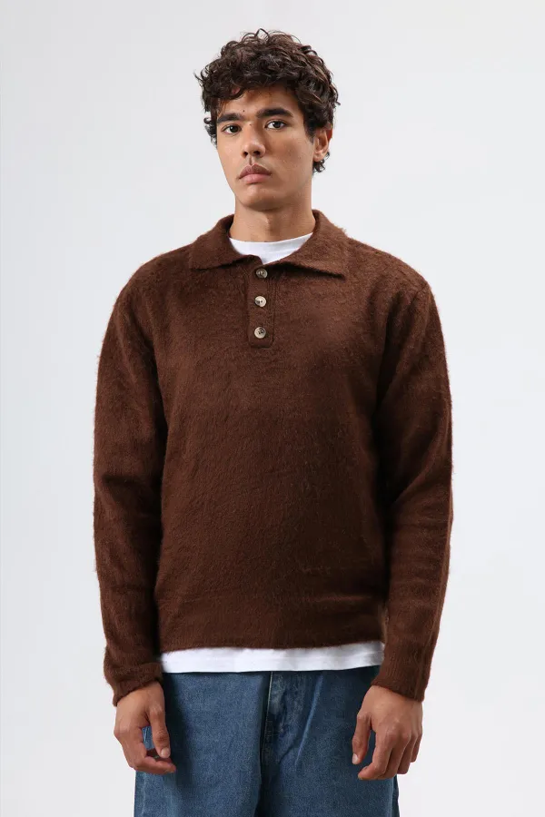 Pull en maille douce texturée à col polo, marron