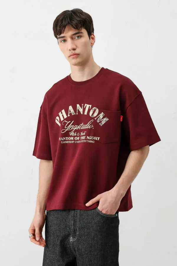 Kısa Kollu Boxy Fit Baskılı Tişört Bordo