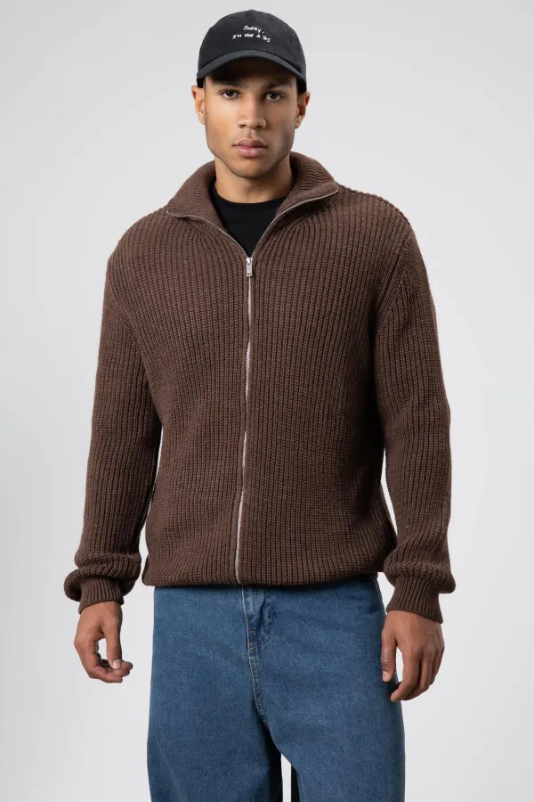 Oversize Zip-Up Knit Cardigan, Mink Color