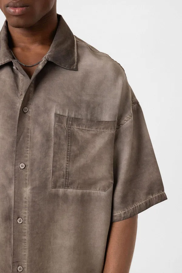 Yıkamalı Kısa Kollu Oversize Gömlek Kahve