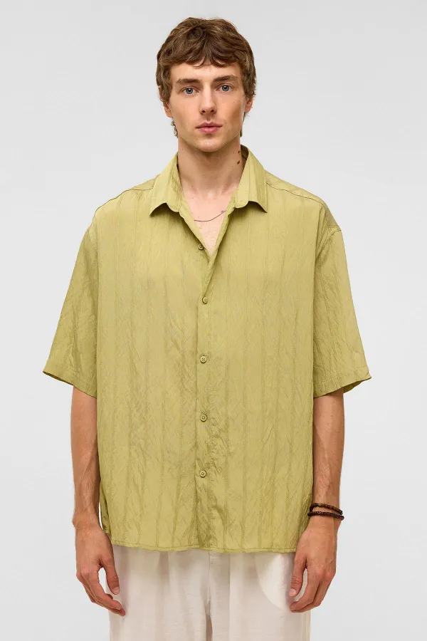 Oversize Striped Short-Sleeved Modal Fabric Shirt, Green