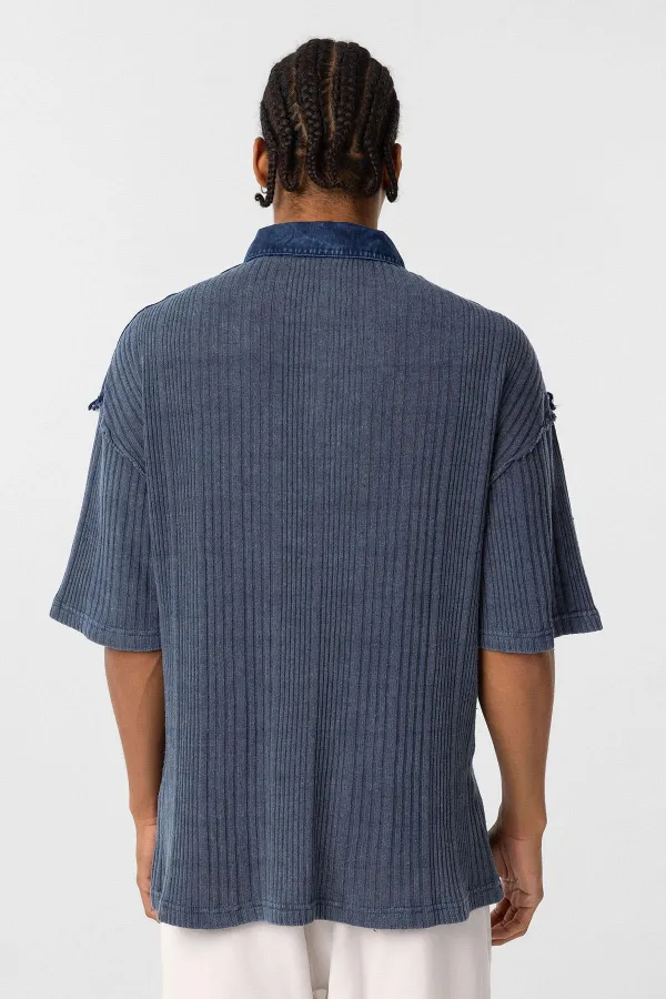 Yıkamalı Oversize Polo Yaka Tişört İndigo