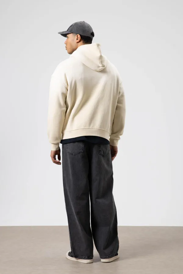 Oversize Baskılı Kapüşonlu Sweatshirt Bej