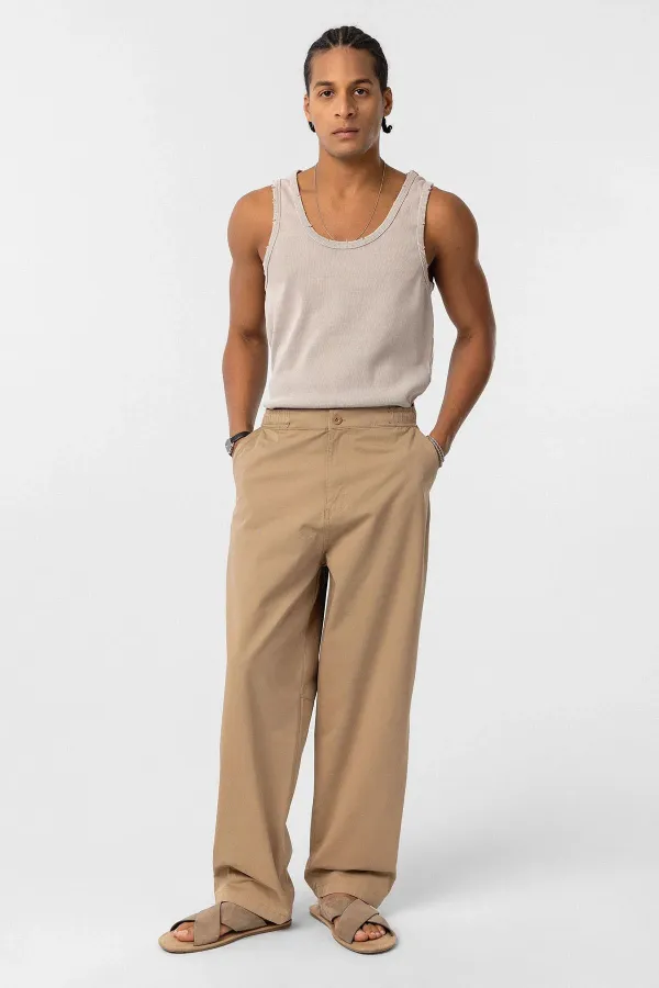 Washed Gabardine Baggy Pants in Tan