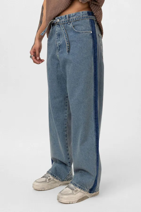 Kemer Detaylı Şeritli Baggy Jean Mavi Melanj
