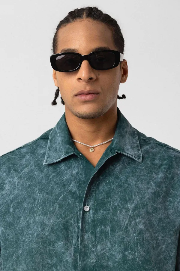 Yıkamalı Yazı Baskılı Oversize Kısa Kol Gömlek Nefti