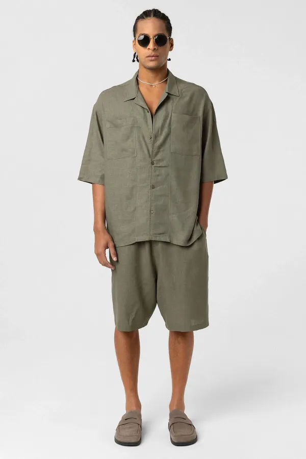 Double Pocket Oversize Linen Shirt Khaki
