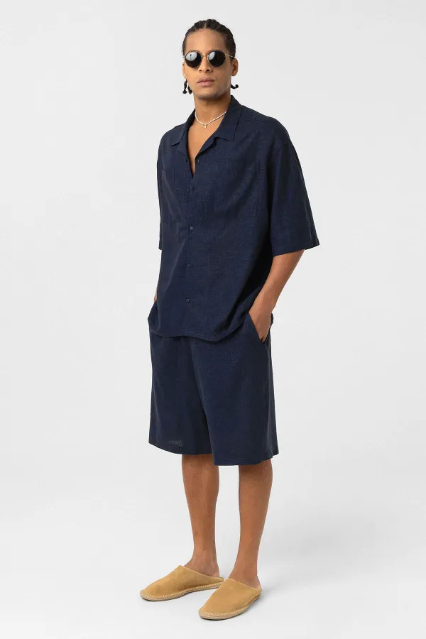 Double Pocket Oversize Linen Shirt Navy Blue