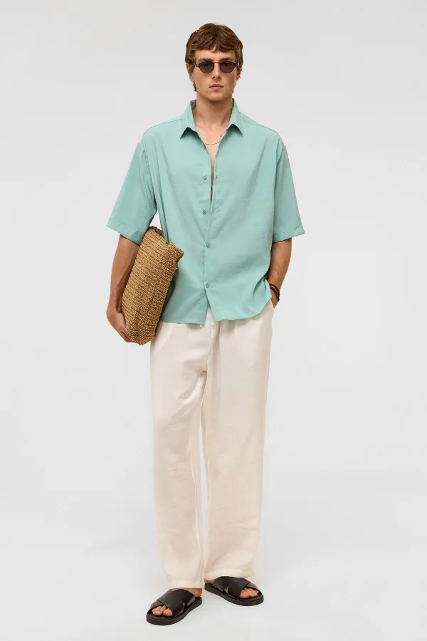 Basic Oversize Short-Sleeved Modal Shirt Turquoise
