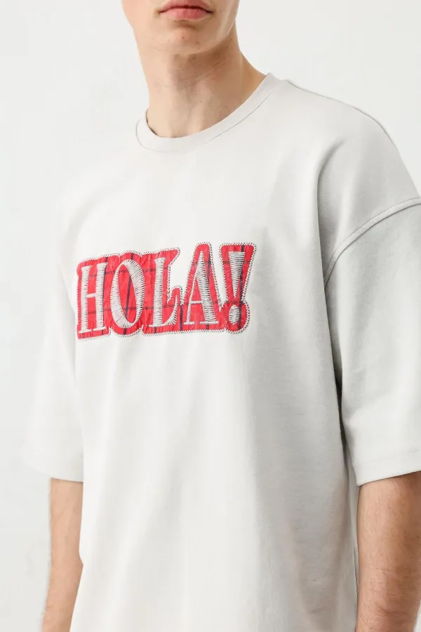 Yıkamalı Baskılı Oversize Tişört Açık Gri