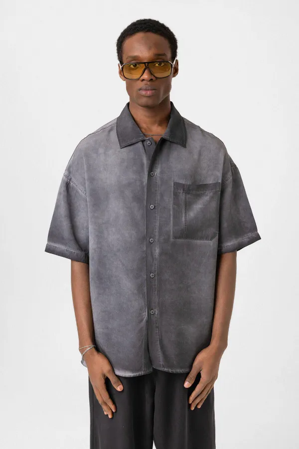 Yıkamalı Kısa Kollu Oversize Gömlek Siyah