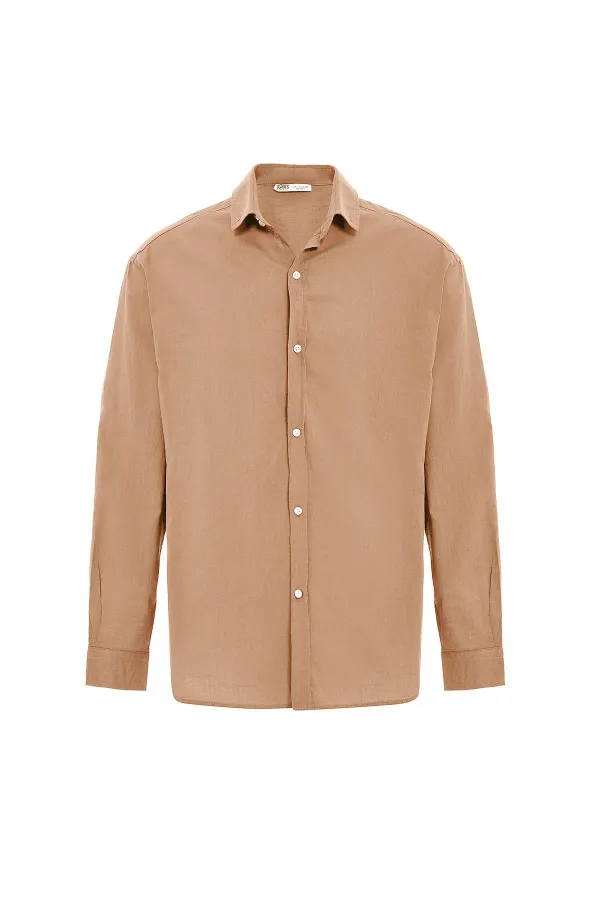 Basic Oversize Pamuk Keten Gömlek Camel Basic Oversize Pamuk Keten Gömlek Camel