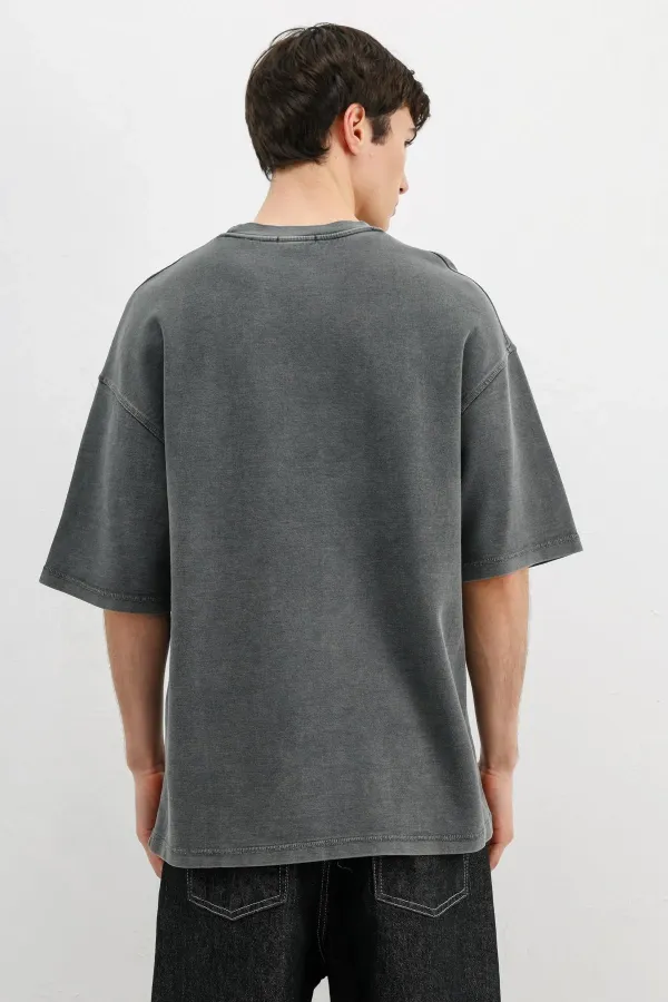 Yıkamalı Yazı Baskılı Oversize Tişört Siyah