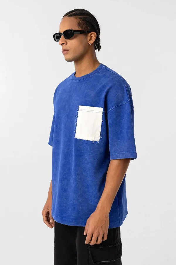 Yıkamalı Cep Detaylı Oversize Tişört Saks