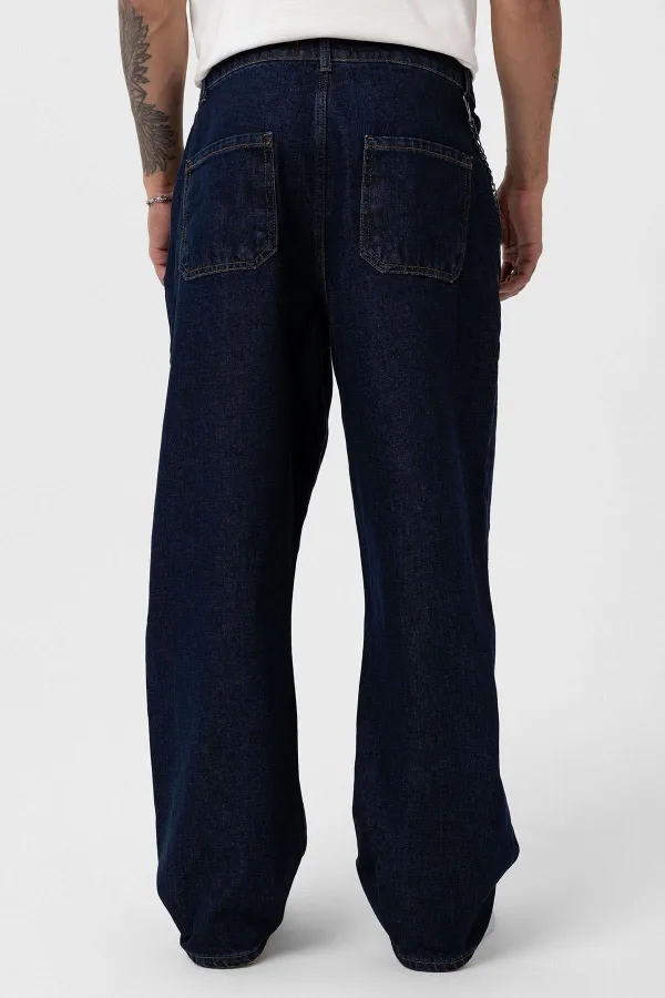 Pileli Zincir Detaylı Baggy Jean Koyu Mavi