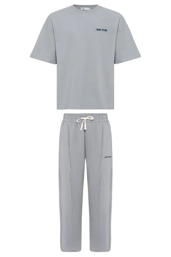 Paça Yırtmatçlı Oversize  Eşofman Takım Gri