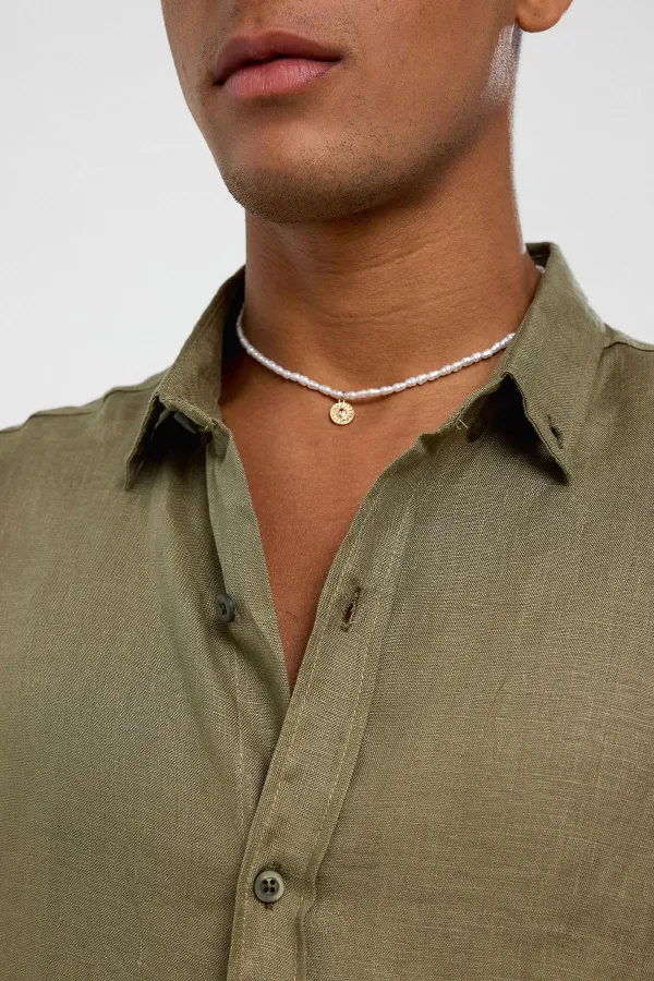 %100 Keten Oversize Uzun Kollu Gömlek Haki