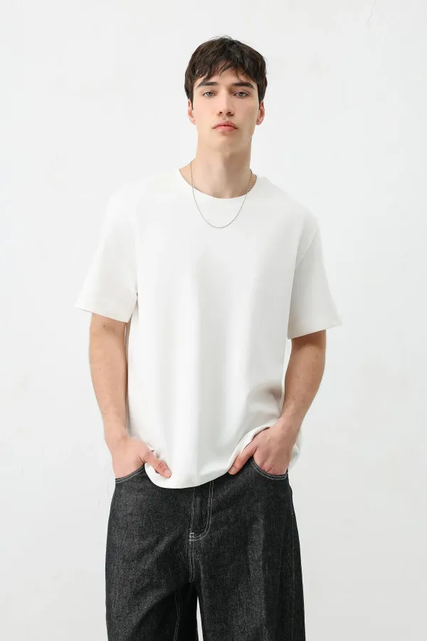 Kısa Kollu Boxy Fit Tişört Ekru