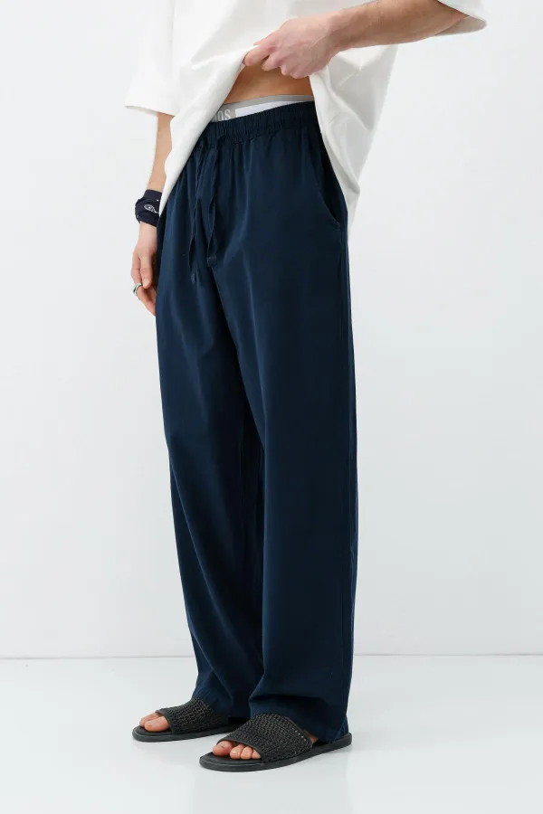 Bel Lastikli Baggy Fit Keten Pantolon Lacivert