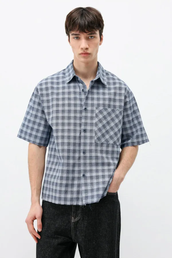 Chemise oversize à manches courtes à carreaux, bleue