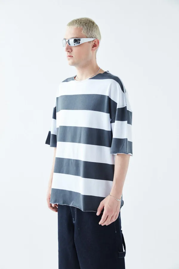 Digitally Printed Striped 100% Cotton Oversize T-Shirt, Dark Gray