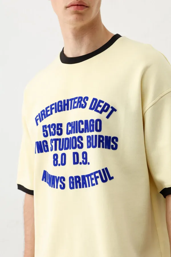 Baskılı Bisiklet Yaka Oversize Tişört Sarı