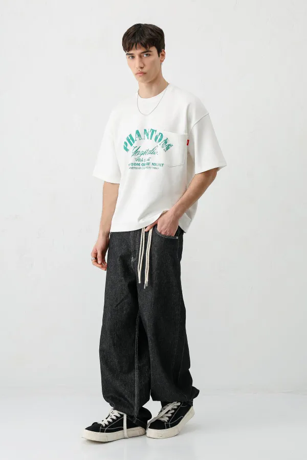 Kısa Kollu Boxy Fit Baskılı Tişört Ekru