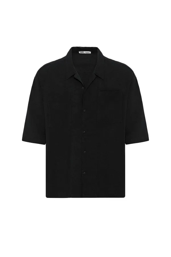 Çift Cepli Oversize Keten Gömlek Siyah