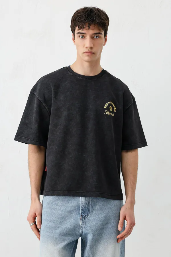 Kısa Kollu Boxy Fit Baskılı Tişört Siyah