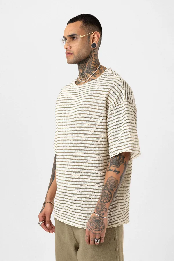 T-shirt rayé oversize en maille kaki