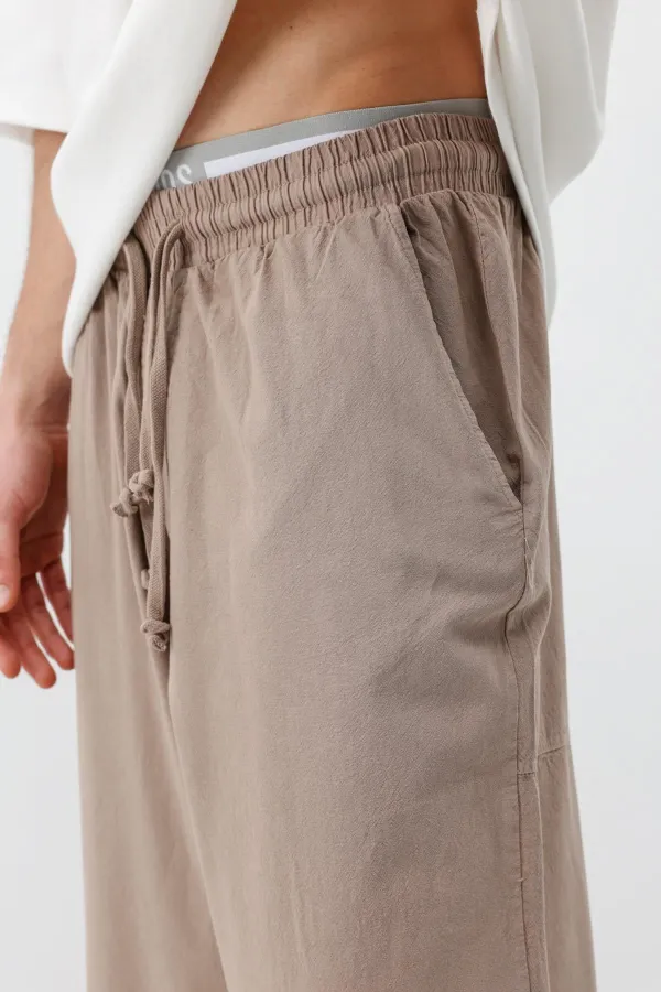 Super Baggy Fit Keten Pantolon Taş
