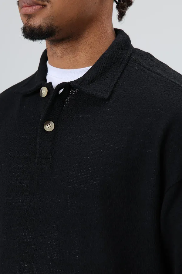 Oversize Polo Yaka Triko Kazak Siyah