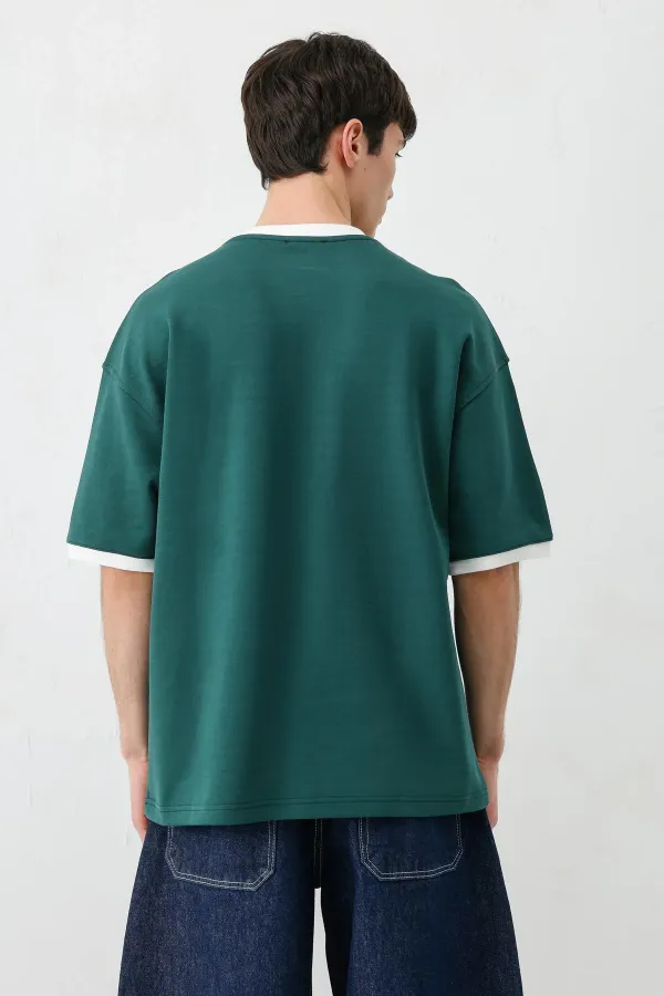 Baskılı Bisiklet Yaka Oversize Tişört Nefti